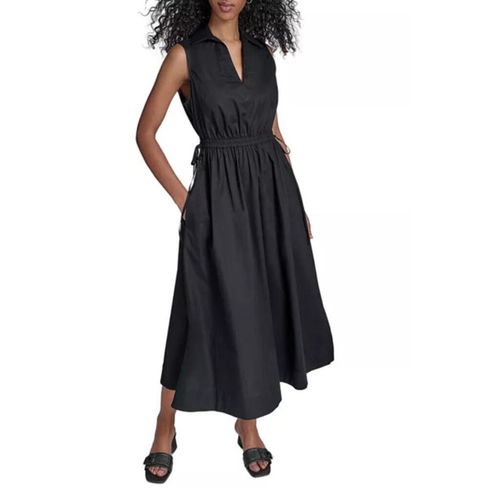Calvin Klein Cotton Drawstring Waist Sleeveless Midi A-Line Dress Black 6